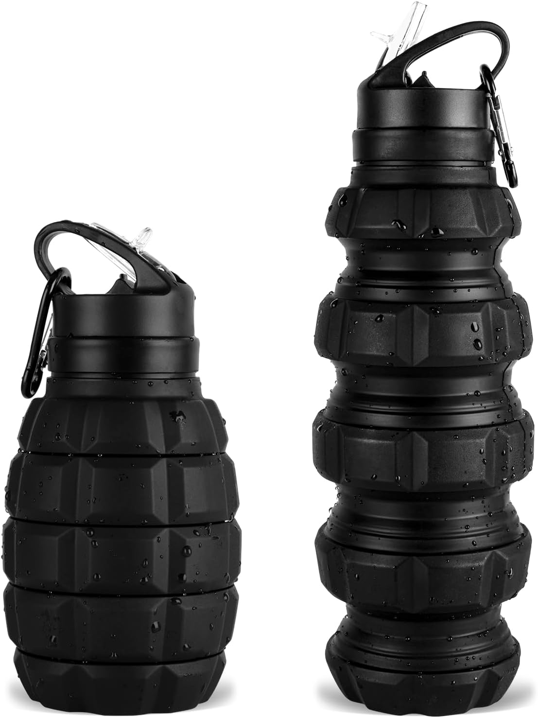 Collapsible Travel Water Bottle 19.6 oz, Reuseable Silicone Foldable Water Bottles for School, Office, Gym, Family,Camping and Hiking,Portable Leak Proof Sports Water Bottle with Carabiner (Black)