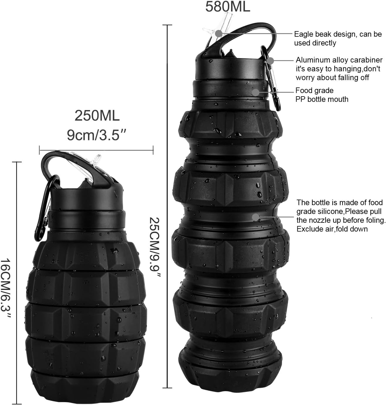 Collapsible Travel Water Bottle 19.6 oz, Reuseable Silicone Foldable Water Bottles for School, Office, Gym, Family,Camping and Hiking,Portable Leak Proof Sports Water Bottle with Carabiner (Black) - Image 2
