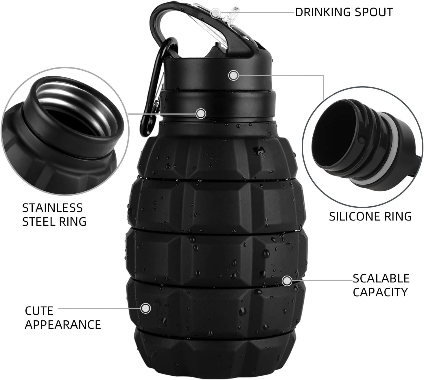 Collapsible Travel Water Bottle 19.6 oz, Reuseable Silicone Foldable Water Bottles for School, Office, Gym, Family,Camping and Hiking,Portable Leak Proof Sports Water Bottle with Carabiner (Black) - Image 3