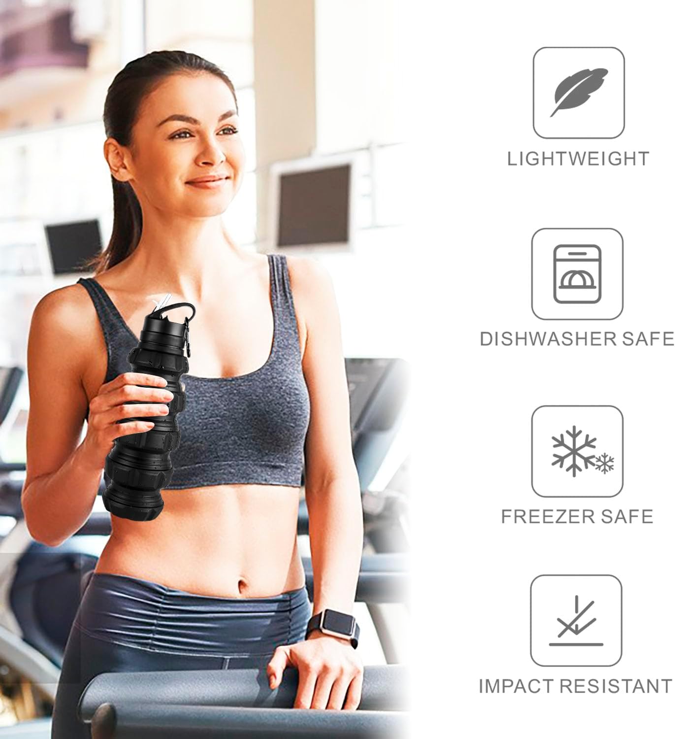 Collapsible Travel Water Bottle 19.6 oz, Reuseable Silicone Foldable Water Bottles for School, Office, Gym, Family,Camping and Hiking,Portable Leak Proof Sports Water Bottle with Carabiner (Black) - Image 5