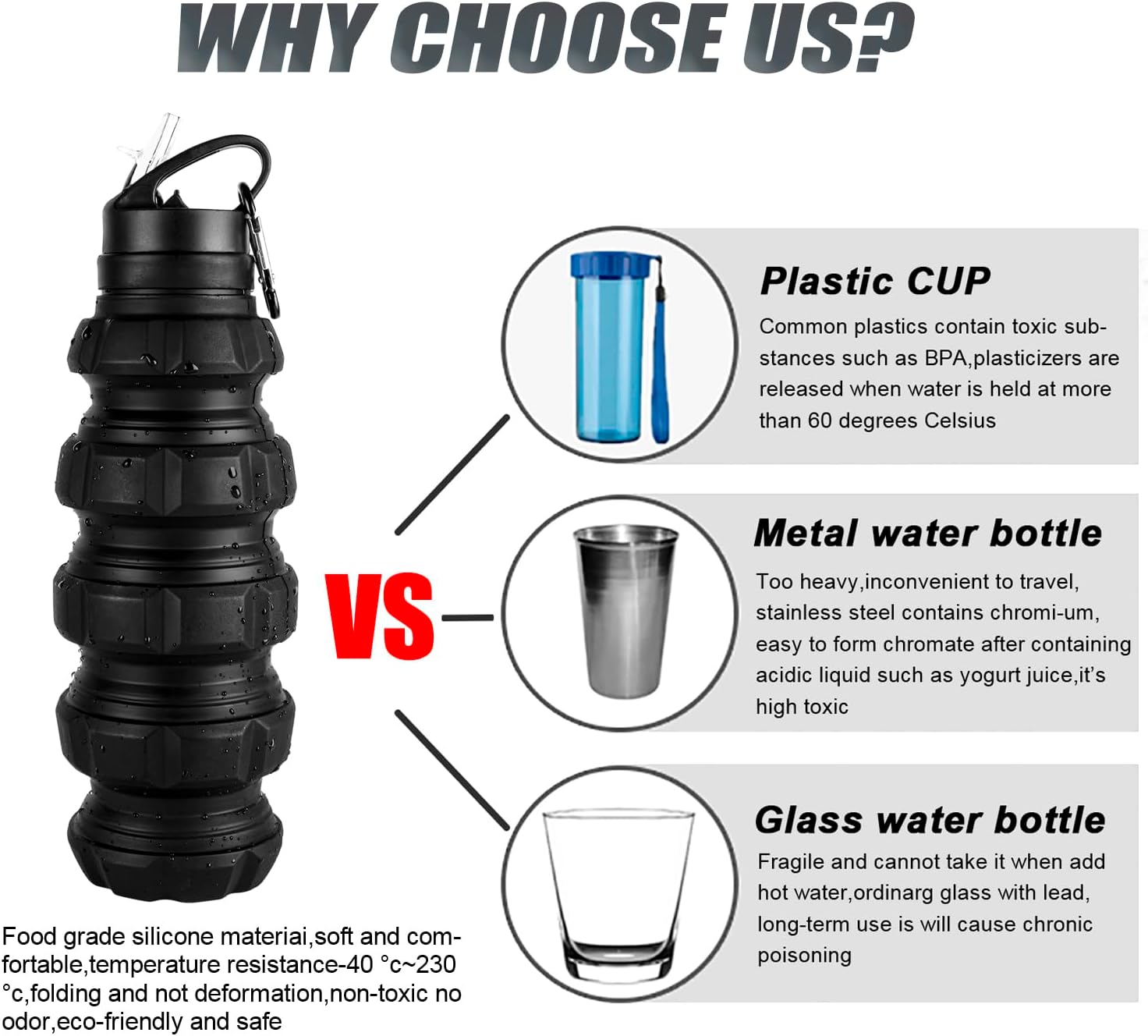 Collapsible Travel Water Bottle 19.6 oz, Reuseable Silicone Foldable Water Bottles for School, Office, Gym, Family,Camping and Hiking,Portable Leak Proof Sports Water Bottle with Carabiner (Black) - Image 6