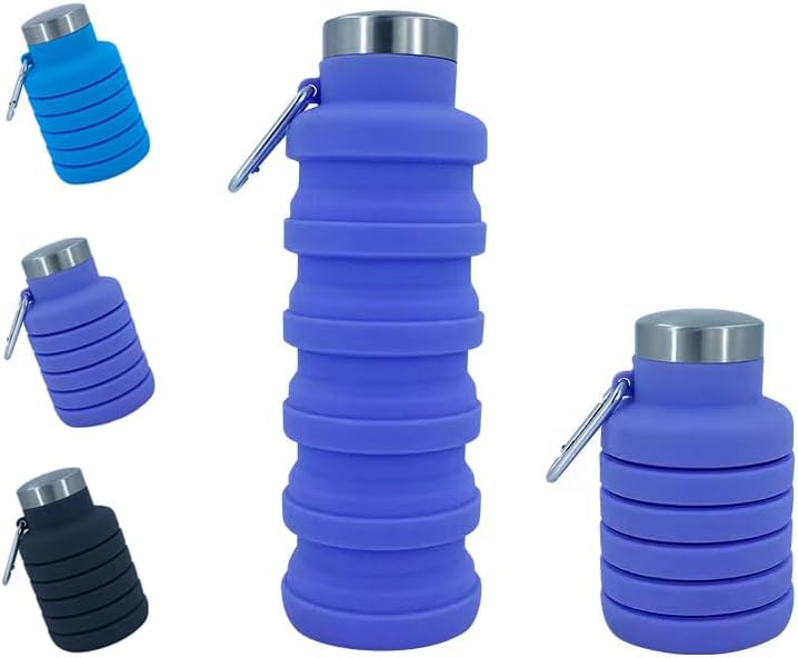 Collapsible Water Bottles 12oz, Odorless BPA-Free Silicone, Leak-Proof Foldable Reusable Bottle - Perfect for Travel Sports Gym Hiking Camping Cycling - Purple