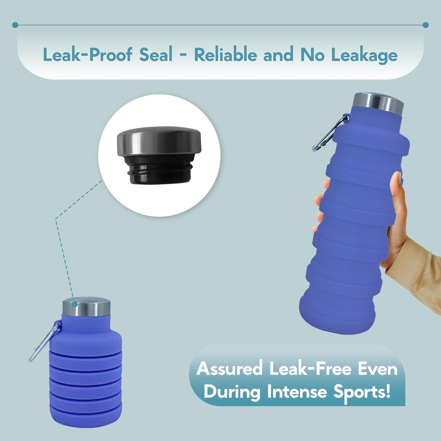 Collapsible Water Bottles 12oz, Odorless BPA-Free Silicone, Leak-Proof Foldable Reusable Bottle - Perfect for Travel Sports Gym Hiking Camping Cycling - Purple - Image 4