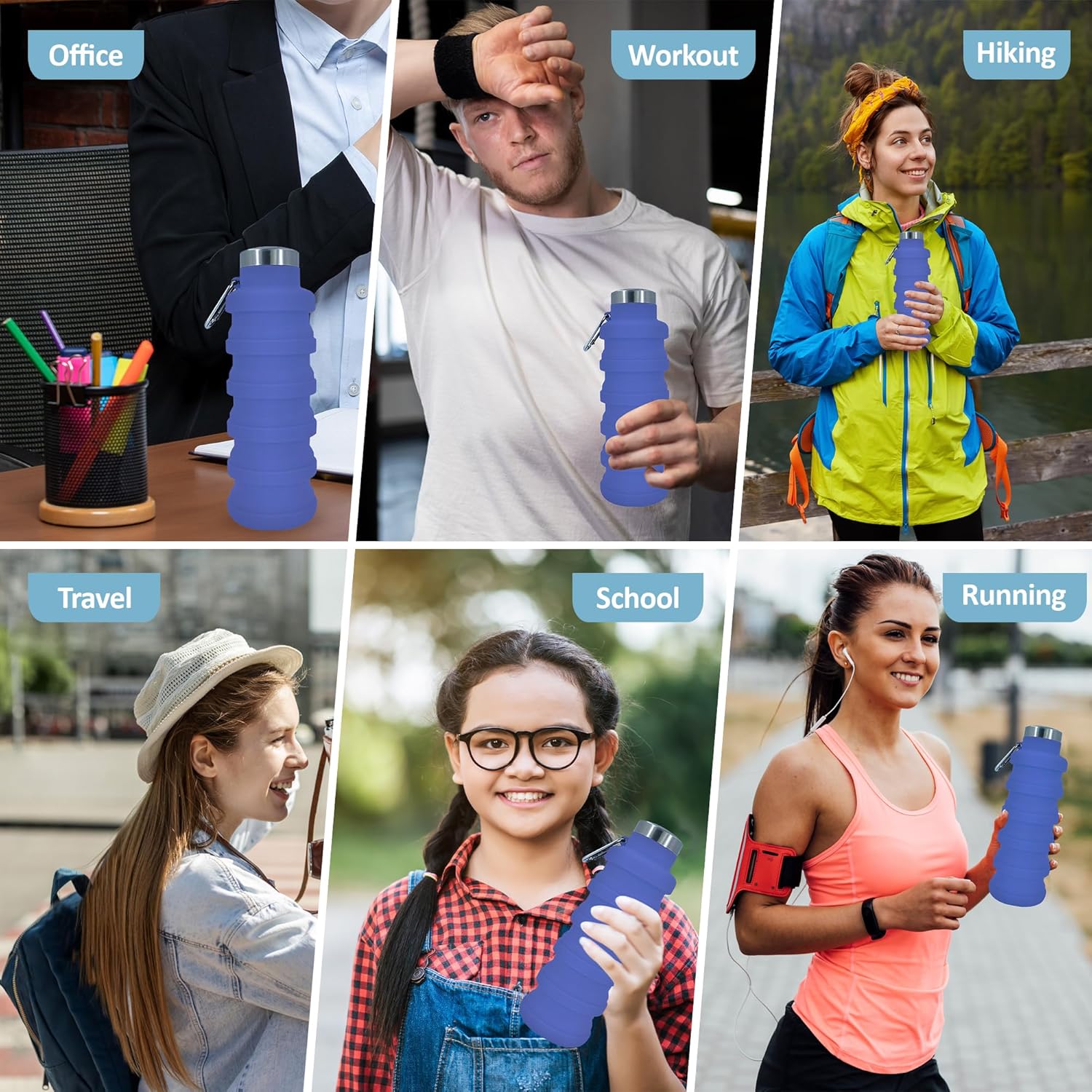 Collapsible Water Bottles 12oz, Odorless BPA-Free Silicone, Leak-Proof Foldable Reusable Bottle - Perfect for Travel Sports Gym Hiking Camping Cycling - Purple - Image 5